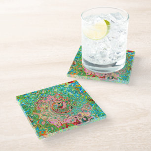 Retro Groovy Abstract Colorful Rainbow Swirl Glass Coaster