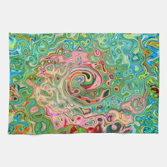 Retro Groovy Abstract Colorful Rainbow Swirl Kitchen Towel (Horizontal)