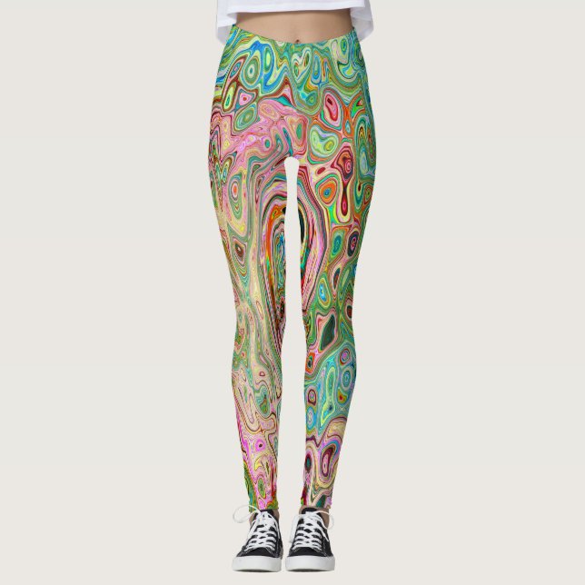 Retro Groovy Abstract Colorful Rainbow Swirl Leggings (Front)