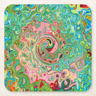 Retro Groovy Abstract Colorful Rainbow Swirl Square Paper Coaster