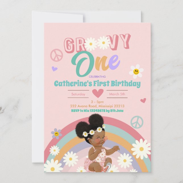 Retro Groovy Afro Girl One First Birthday Invitation (Front)