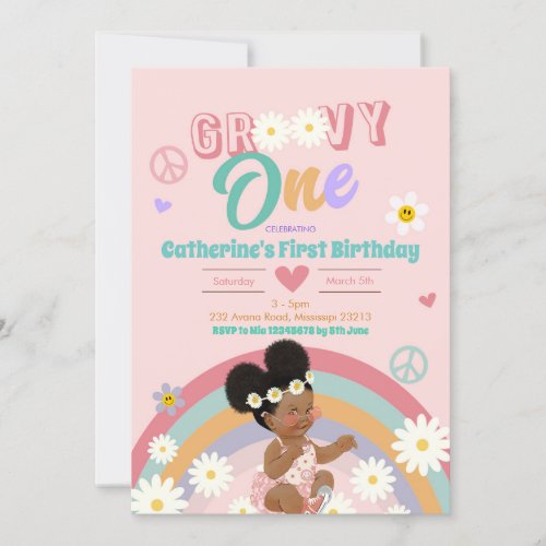 Retro Groovy Afro Girl One First Birthday Invitation