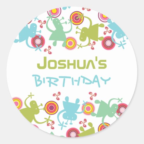 Retro Groovy Aliens Kids Birthday Label Sticker