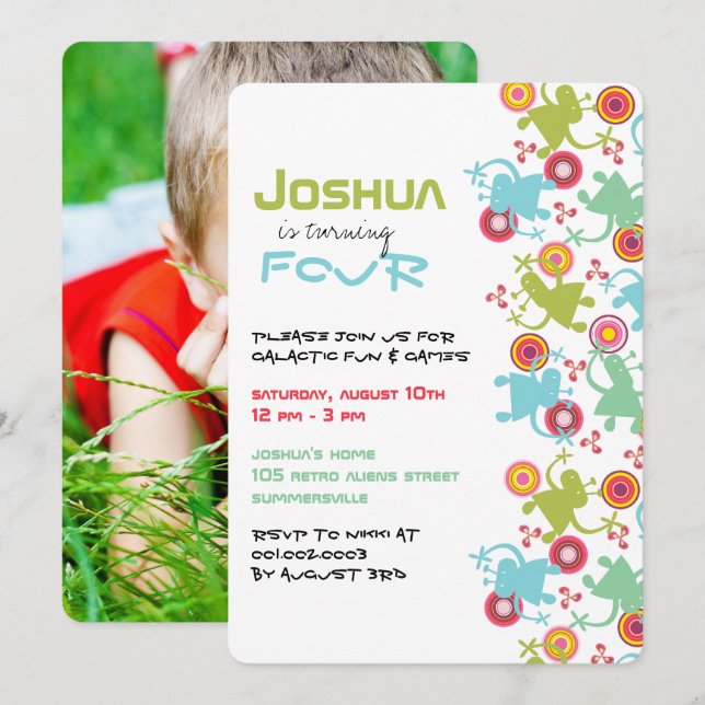 Retro Groovy Aliens Kids Photo Birthday Invitation (Front/Back)