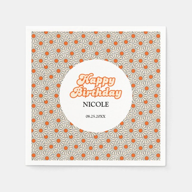 Retro Groovy Arch Bright Orange Daisy Birthday Napkins (Front)