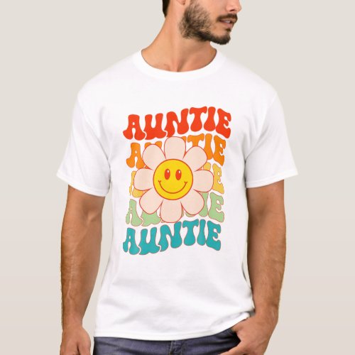 Retro Groovy Auntie Happy Face Smile Daisy Flower T_Shirt