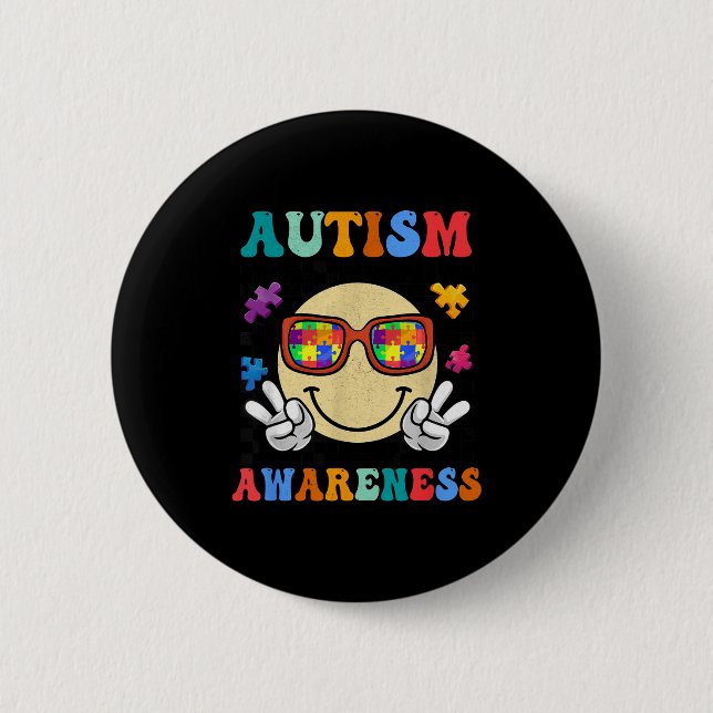 Retro groovy autism awareness acceptance smile fac button (Front)