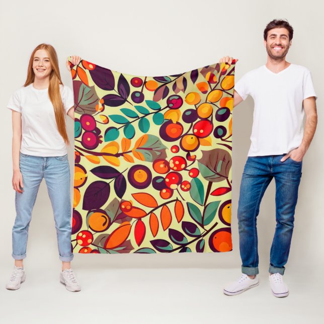 Retro Groovy Autumn Fall Berries Leaves Pattern Fleece Blanket (In Situ)