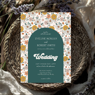Retro groovy autumn flowers arch wedding invitation