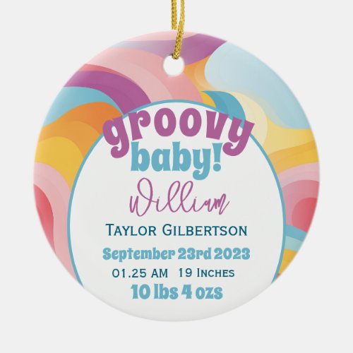 Retro Groovy Baby Boho Baby Birth Announcement Ceramic Ornament