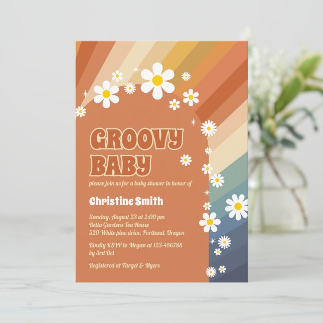 Retro Groovy Baby Daisy Rainbow Baby Shower Invitation (Standing Front)