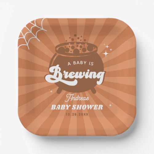 Retro Groovy Baby Is Brewing Halloween Baby Shower Paper Plates