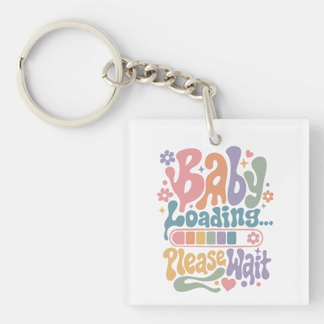 Retro Groovy Baby Loading Please Wait Maternity Keychain (Front)