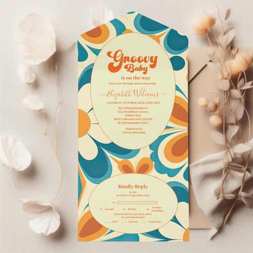 Retro groovy baby shower all in one invitation