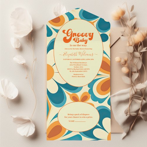 Retro groovy baby shower all in one invitation