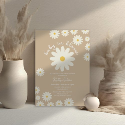  Retro Groovy Beige Daisy Baby in Bloom Shower  Invitation