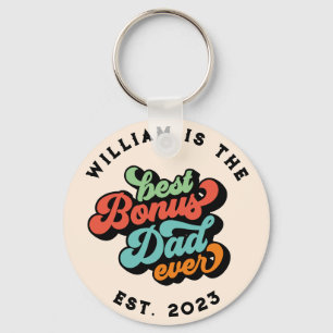 Retro Groovy Best Bonus Dad Ever Photo Name  Keychain