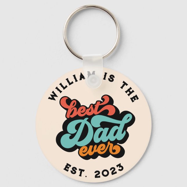 Retro Groovy Best Dad Ever Name Year Photo Keychain (Front)