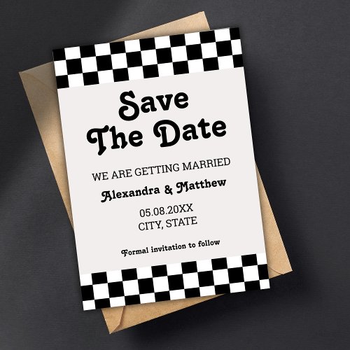 Retro Groovy Black And White Checkered Save The Date