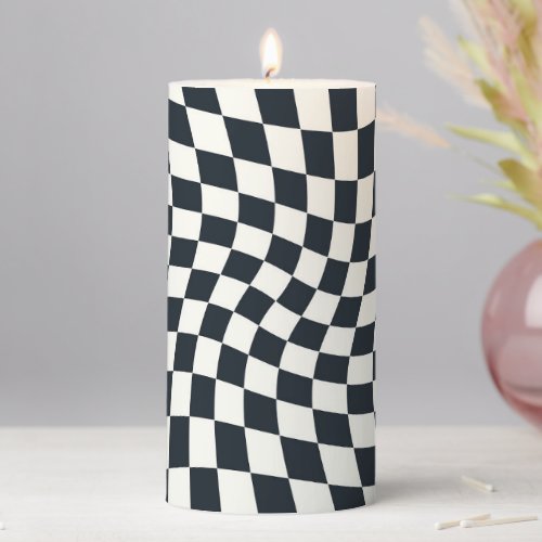 Retro Groovy Black White Check Checks Checkered   Pillar Candle
