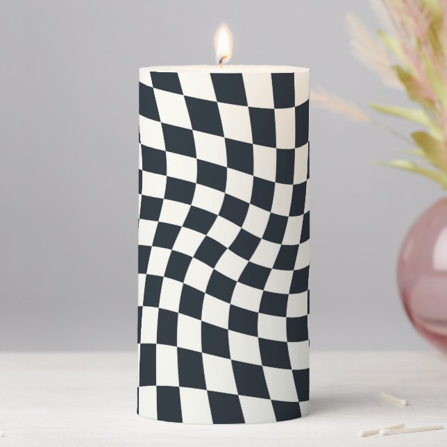 Retro Groovy Black White Check Checks Checkered   Pillar Candle (In Situ)
