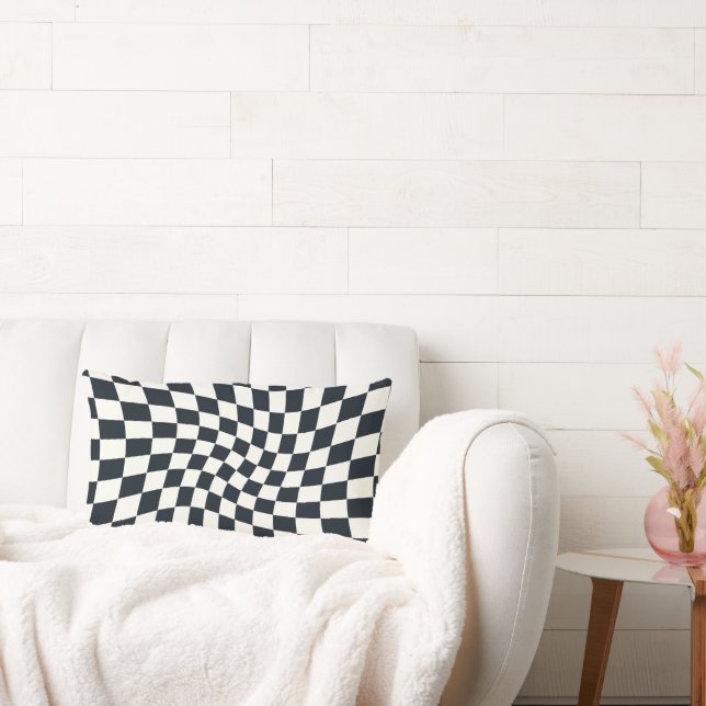 Retro Groovy Black White Warped Check Checkered Lumbar Pillow (Couch)