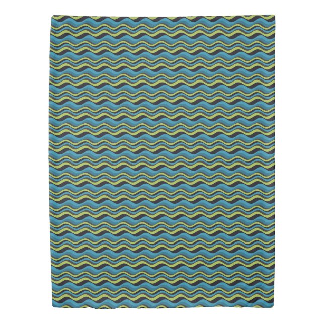 Retro Groovy Blue Green Grey Sea Waves Pattern Duvet Cover (Front)
