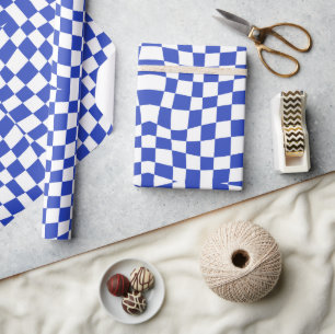 retro groovy blue wavy checkered  wrapping paper