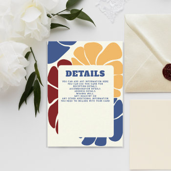 Retro Groovy Boho Chic Floral Wedding Details Card by blessedwedding at Zazzle