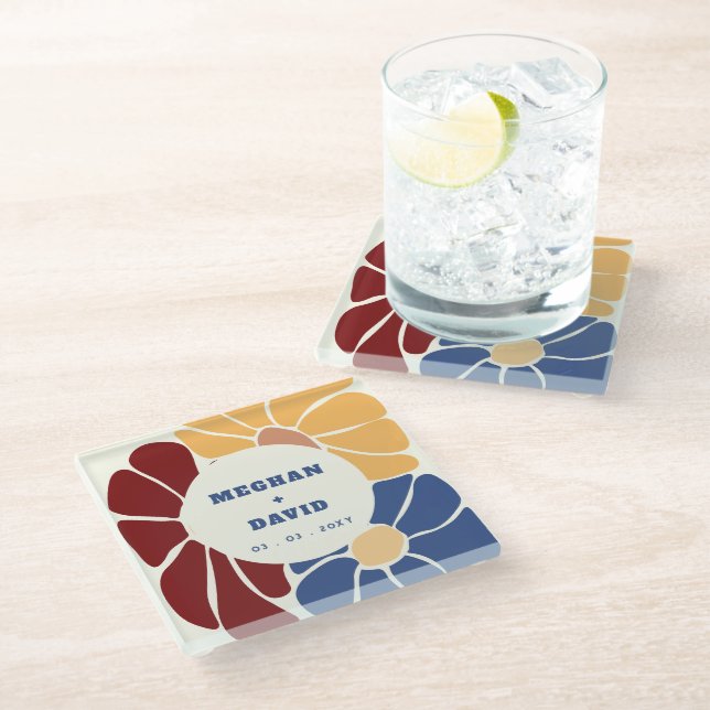 Retro Groovy Boho Chic Floral Wedding Glass Coaster (Angled)