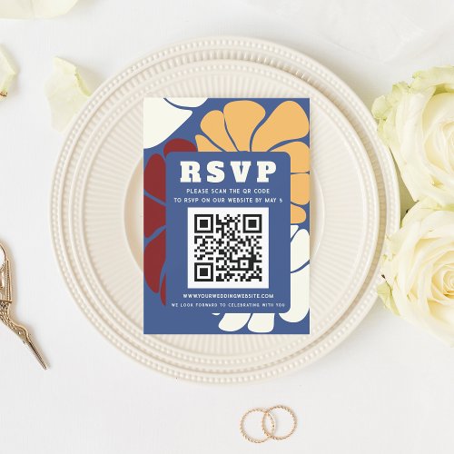 Retro Groovy Boho Chic Floral Wedding QR CODE RSVP Card