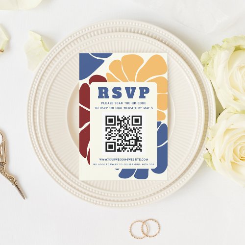 Retro Groovy Boho Chic Floral Wedding QR CODE RSVP Card