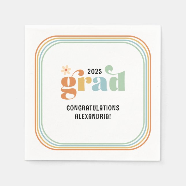 Retro Groovy Boho Daisy 2025 Grad Party Napkins (Front)