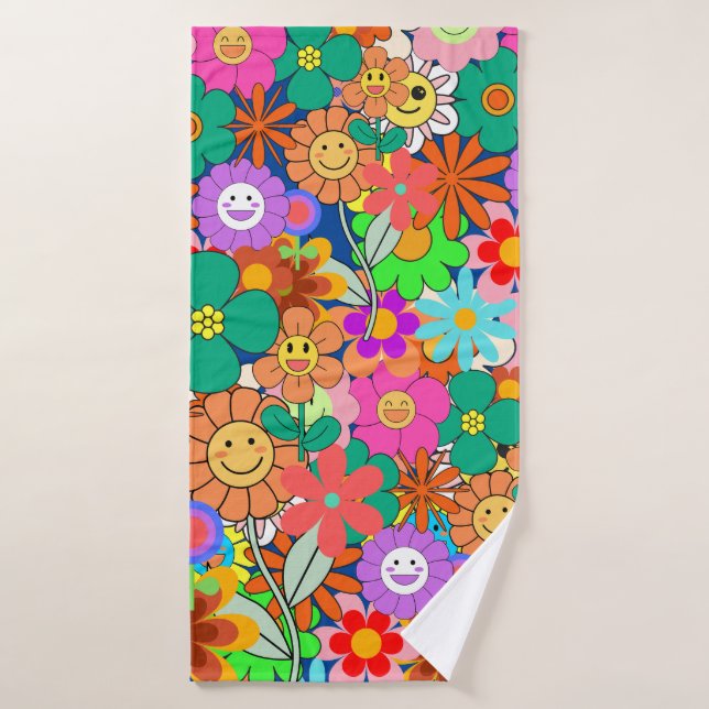 Retro Groovy Boho Hippie Flowers Bath Towel (Bath Towel)