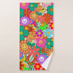Retro Groovy Boho Hippie Flowers Bath Towel