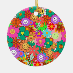 Retro Groovy Boho Hippie Flowers Ceramic Ornament