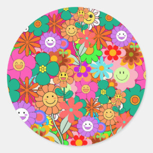 Retro Groovy Boho Hippie Flowers Classic Round Sticker