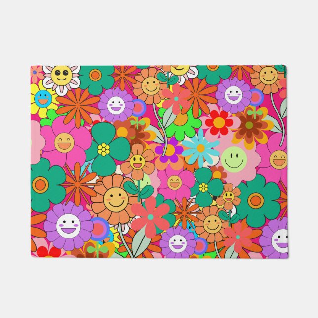 Retro Groovy Boho Hippie Flowers Doormat (Front)