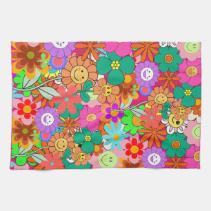 Retro Groovy Boho Hippie Flowers Kitchen Towel