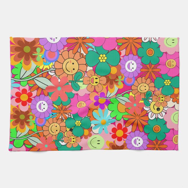 Retro Groovy Boho Hippie Flowers  Kitchen Towel (Horizontal)