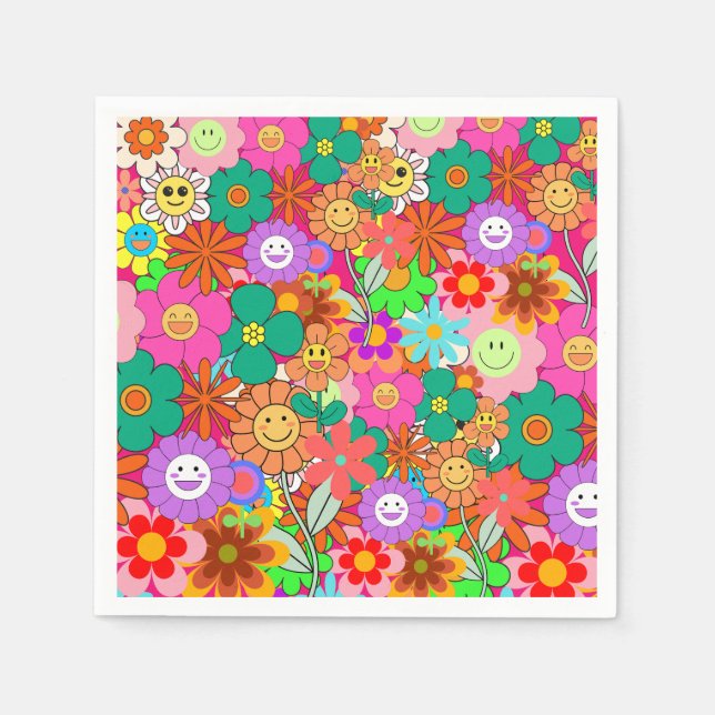 Retro Groovy Boho Hippie Flowers Napkins (Front)