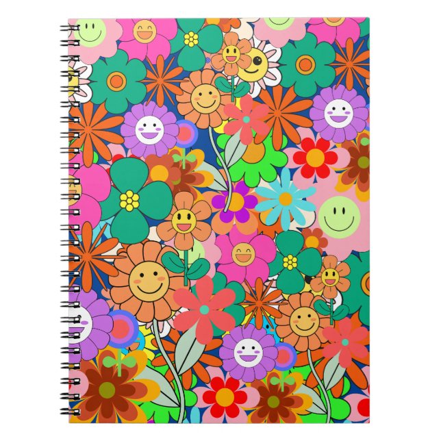 Retro Groovy Boho Hippie Flowers Notebook (Front)