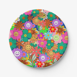 Retro Groovy Boho Hippie Flowers  Paper Plates