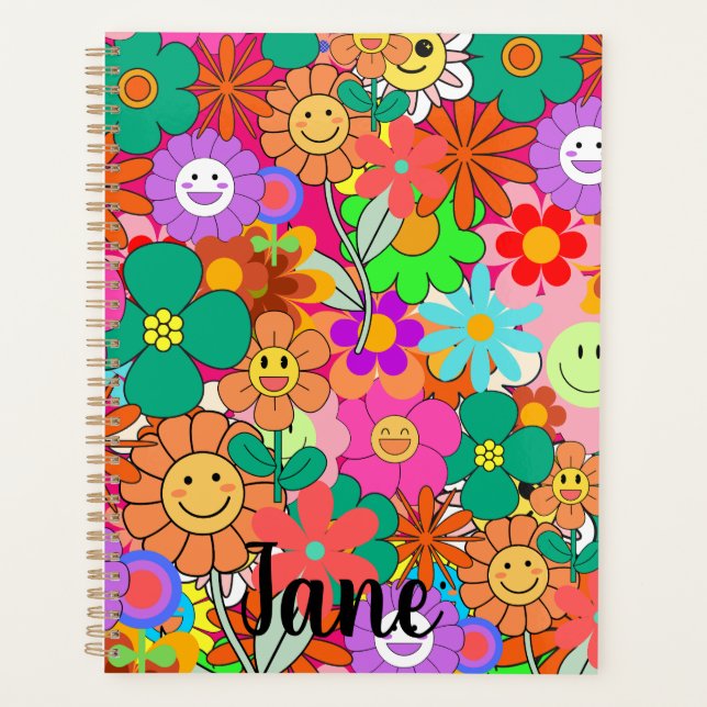 Retro Groovy Boho Hippie Flowers  Planner (Front)