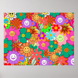 Retro Groovy Boho Hippie Flowers Poster