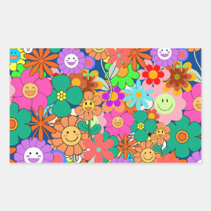 Retro Groovy Boho Hippie Flowers Rectangular Sticker