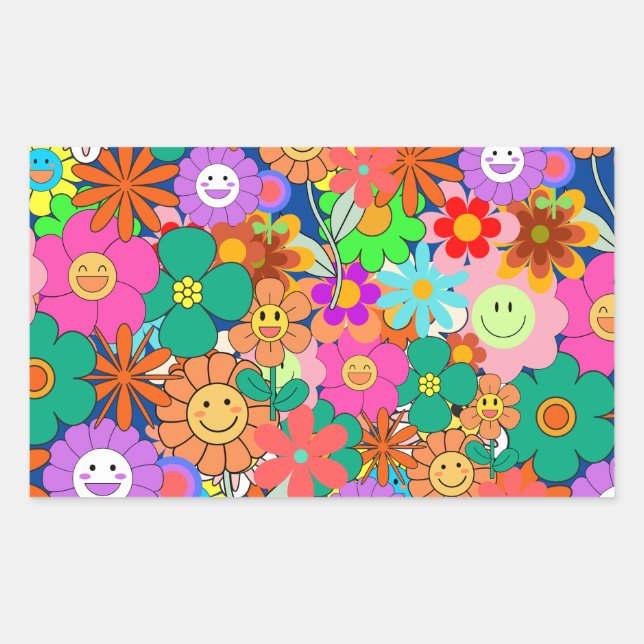 Retro Groovy Boho Hippie Flowers Rectangular Sticker (Front)