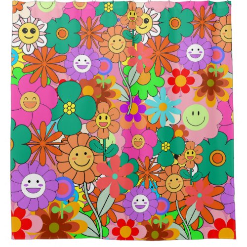 Retro Groovy Boho Hippie Flowers  Shower Curtain