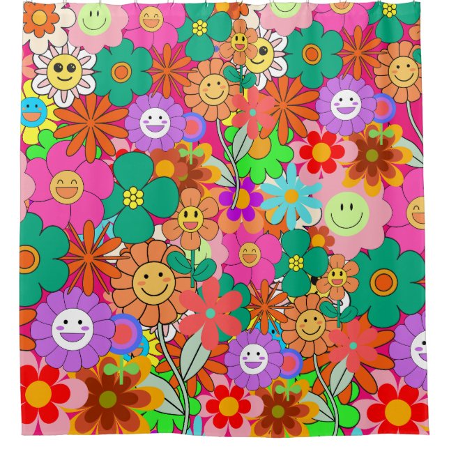 Retro Groovy Boho Hippie Flowers Shower Curtain (Front)