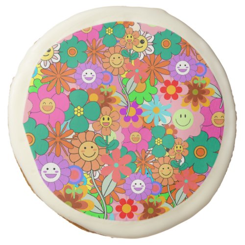 Retro Groovy Boho Hippie Flowers  Sugar Cookie